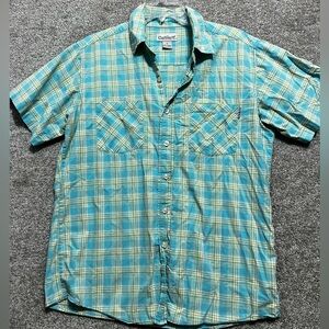Carhartt Men Size L Plaid Button Up Shirt Short Sleeve Double Pocket Blue Green